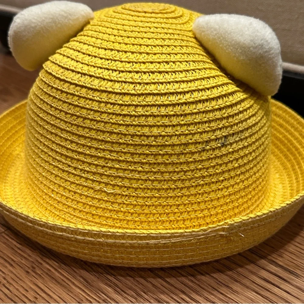 Kids 2in1 bundle 7” Yellow Straw Sun Hats Animal Ears Face Ages 3-7 Kawai Summer